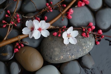 background still life with stones and branches of flowering trees in the water.