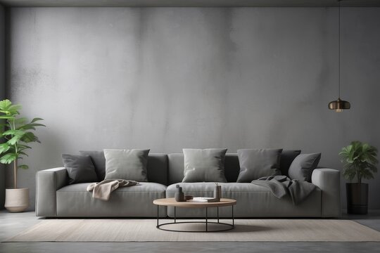 interior design of living room with empty concrete wall background, army pillow, gray sofa