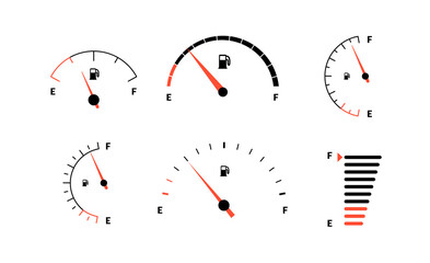 Fuel indicator meter or fuel gauge for petrol, gasoline, diesel level count. Control gas tank fullness. Set of fuel gauge scales icons. Car dial petrol gasoline dashboard. illustration - obrazy, fototapety, plakaty