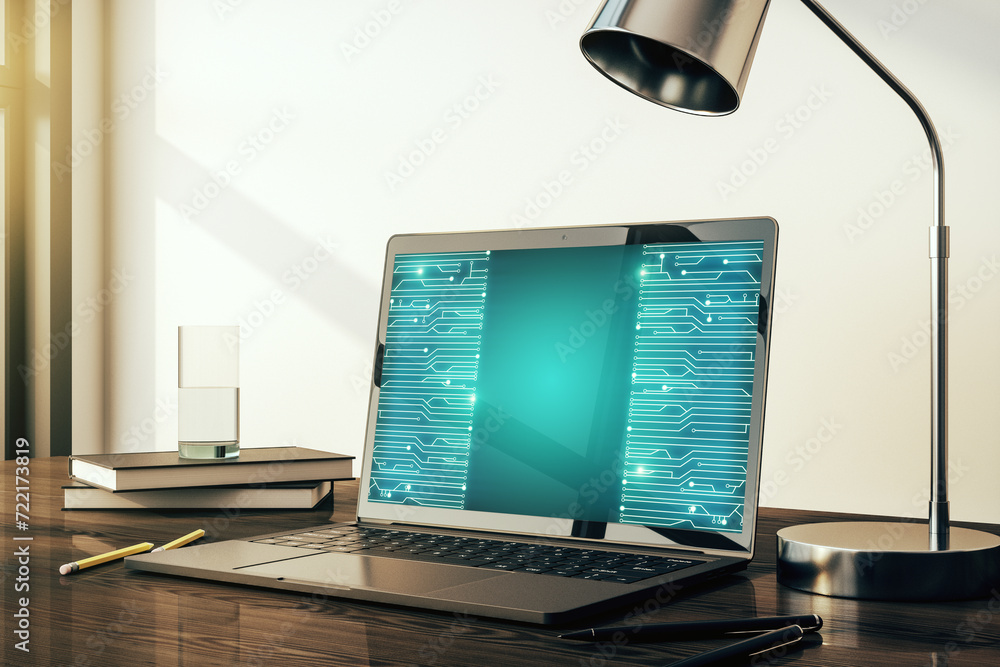 Leinwandbilder modern computer monitor with circuit hologram. research and development hardware concept. 3d renderi