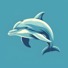 A logo illustration of a jumping dolphin on a turquoise background. Created with generative AI.