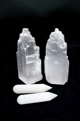 Closeup shot of Raw Tower of Selenite Crystal on black background