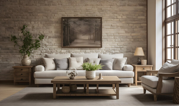 Mockup of a blank poster frame in a cozy living room environment, 3D rendering