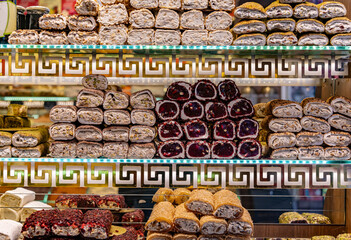 An assortment of Turkish delight on display in the bazaar