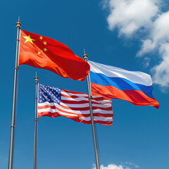 National Flags of China, Russia, and the United States Against Blue Sky, Generative AI