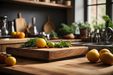 Obraz na płótnie Canvas Concept photo shoot of close-up wooden kitchen countertop 