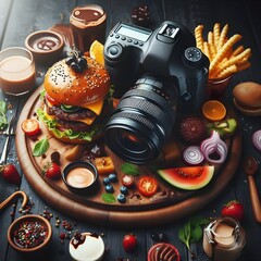 a photo of a camera and a cup of tea with food 