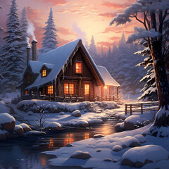 A snow-covered cabin in a peaceful winter landscape