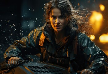 A determined woman braves the stormy streets, her raincoat billowing behind her, in this dynamic cg artwork for an action film, skillfully crafted through digital compositing to capture the intensity - Powered by Adobe