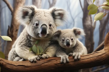 A fuzzy koala mother cradles her precious joey on a wooden branch, showcasing the beauty and bond of this marsupial pair in their natural outdoor habitat