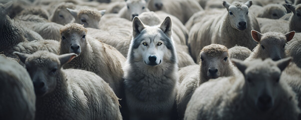 A concept illustration depicting a group of sheep with one wolf among them, symbolizing hidden danger or deception - obrazy, fototapety, plakaty