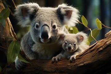 Obraz premium A cuddly koala and its precious joey perched on a tree branch, showcasing the beauty of nature and the bond between mother and child in the wild