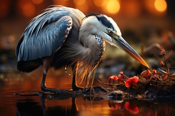 A majestic great heron stands gracefully in the shimmering waters, its beak poised and feathers ruffled by the gentle breeze, a beautiful embodiment of aquatic beauty and wild freedom - obrazy, fototapety, plakaty