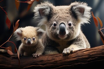Obraz premium A mother koala gently nuzzles her precious joey on a leafy perch, embodying the raw beauty of the australian outback