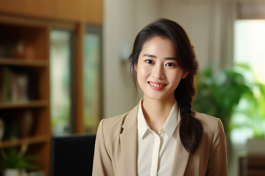 Asian woman smiling. Generative AI.