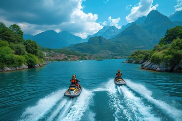 Romantic tandem jet skiing adventure on a crystal-clear lake
