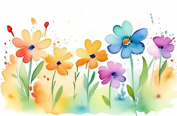 Watercolor drawing of different colors of summer flowers occupying half of the frame from below on a white background, a banner with a place for the inscription on top