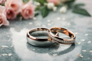 Obraz na płótnie Canvas wedding rings on a bouquet of roses