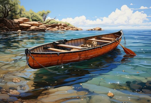 A lone boat glides peacefully across the glistening water, surrounded by a picturesque landscape of clear skies and tranquil shores, serving as a symbol of freedom and adventure