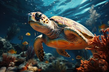 Naklejka na ściany i meble A graceful sea turtle glides through the colorful coral reef, showcasing the beauty and wonder of marine biology in its natural habitat