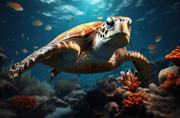 A graceful sea turtle glides through the crystal-clear water, surrounded by vibrant coral reefs and curious marine invertebrates, showcasing the captivating beauty of the underwater world