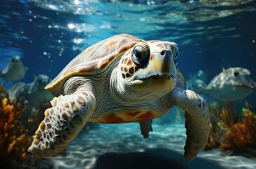 Gracefully gliding through the crystal blue ocean, a majestic sea turtle explores the vibrant reef in its natural underwater habitat