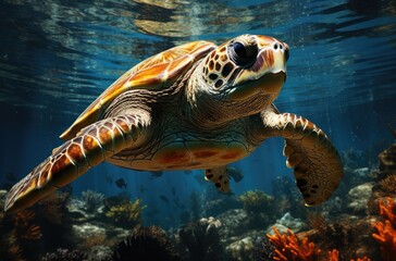 Obraz premium Graceful sea turtle glides through the vibrant underwater world, showcasing the beauty of marine life and captivating our hearts with its gentle presence
