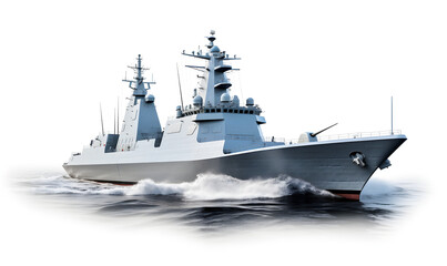 Warship sailing on the sea, white background