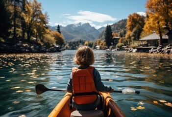 Amidst the tranquil lake and towering trees, a lone figure navigates their canoe with determination, reveling in the freedom and peace of the great outdoors - obrazy, fototapety, plakaty