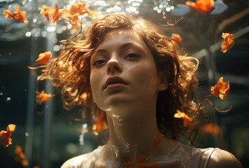 A stunning portrait of a woman with fiery red hair adorned with delicate flowers, her human face exuding a sense of ethereal beauty against the backdrop of an aquarium, captured in a mesmerizing piec - obrazy, fototapety, plakaty