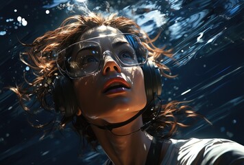 Immersed in sound and solitude, a girl with headphones and goggles explores the tranquil depths of the water