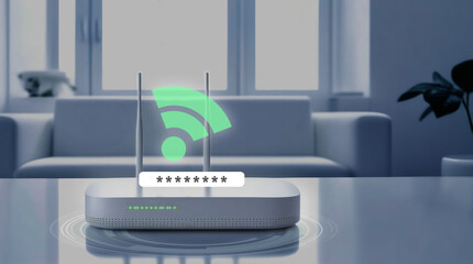 Router wifi on a living room, secure fast internet connection. High speed fiber online navigation.