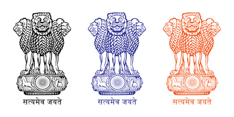 Ashok Piller Satyameva Jayate symbol icon set. Emblem of India. Ashok Stambh symbol in black, blue and red color isolated on white background.