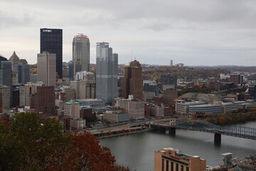 Panoramic view of the bridge and river in the downtown city of Pittsburgh, Pennsylvania —aerial,...