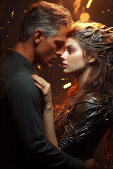 couple in love, a man in a suit and a woman in a dress, romantically embrace and kiss against the background of flame. Cover of a romantic novel book