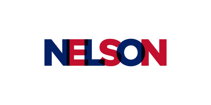 Nelson in the New Zealand emblem. The design features a geometric style, vector illustration with bold typography in a modern font. The graphic slogan lettering.