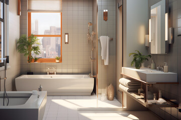 bathroom with streamlined fixtures - obrazy, fototapety, plakaty