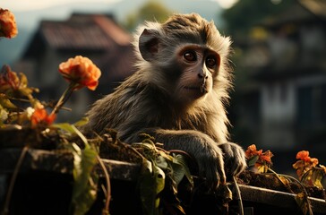 A playful macaque perches atop a leafy branch, surrounded by colorful flowers in a peaceful outdoor setting