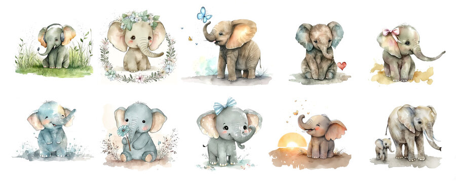 Cute funny baby elephants with flowers and hearts smile and play. Watercolor clipart.