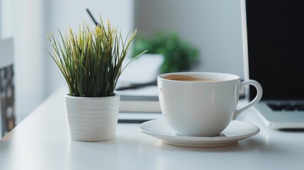 Minimalist desk setup with a potted plant, a cup of coffee, and neatly arranged office supplies, background image, generative AI
