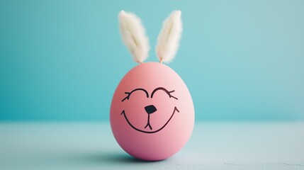 Easter pink egg with rabbit ears and a cute smiley face on a blue background
