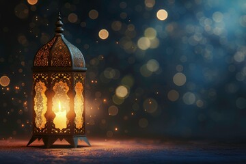 Ramadan mubarak banner background with arabic lantern with bokeh background, light burning candle background