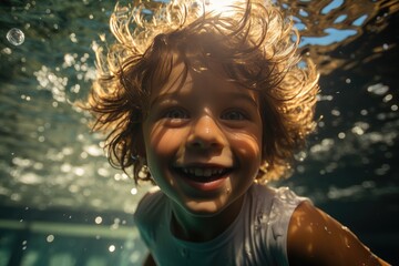 Pure joy and freedom captured in a portrait of a young boy, smiling and swimming underwater with his hair billowing around his face in the refreshing outdoor water