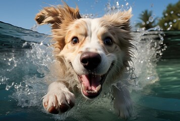 A graceful collie leaps into the cool, refreshing water with pure joy, embracing its innate love for the great outdoors and its innate talent as a water-loving sporting dog - obrazy, fototapety, plakaty