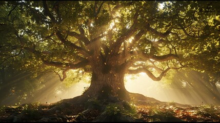 giant ancient tree, surrounded by more trees, forest, sun rays passing through the leaves of the trees, ultra realistic, ultra detailed 4k, high quality --ar 16:9 --v 6 