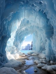 A mesmerizing arctic oasis, where the elements of nature clash as the ice formations and water coexist in a stunning glacier cave - obrazy, fototapety, plakaty