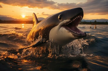 A majestic shark leaps gracefully through the vibrant sunset sky, its sleek fin cutting through the...