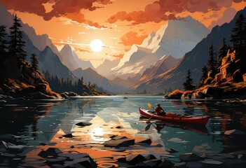 Silently gliding through the peaceful waters, a lone figure in a canoe is surrounded by the majestic beauty of nature's canvas, with a breathtaking sunrise reflecting on the tranquil lake