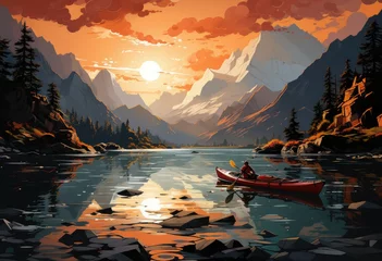 Papier Peint photo Réflexion Silently gliding through the peaceful waters, a lone figure in a canoe is surrounded by the majestic beauty of nature's canvas, with a breathtaking sunrise reflecting on the tranquil lake