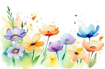 Watercolor drawing of summer wildflowers on a white background, a banner with a place for the inscription